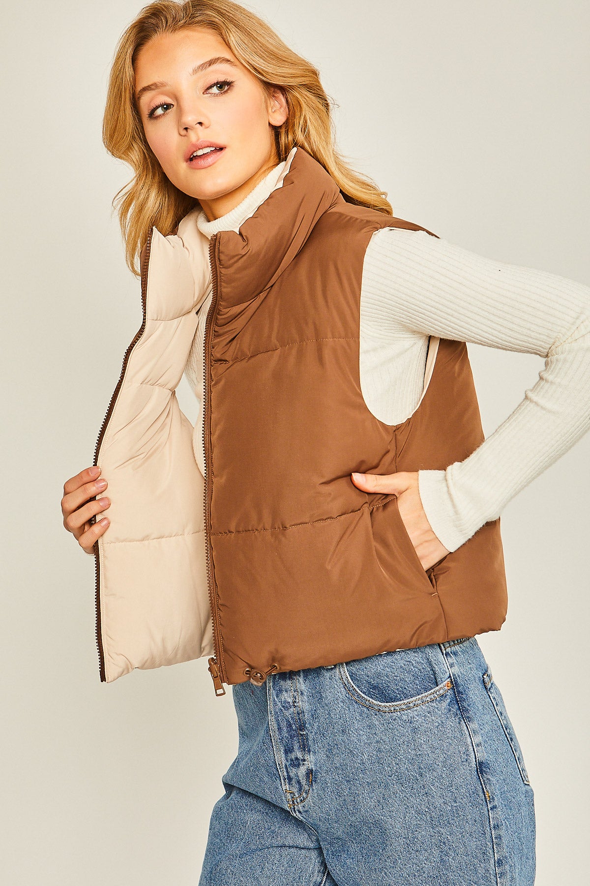 Love Tree Cropped Puffer Vest for Women in Brown