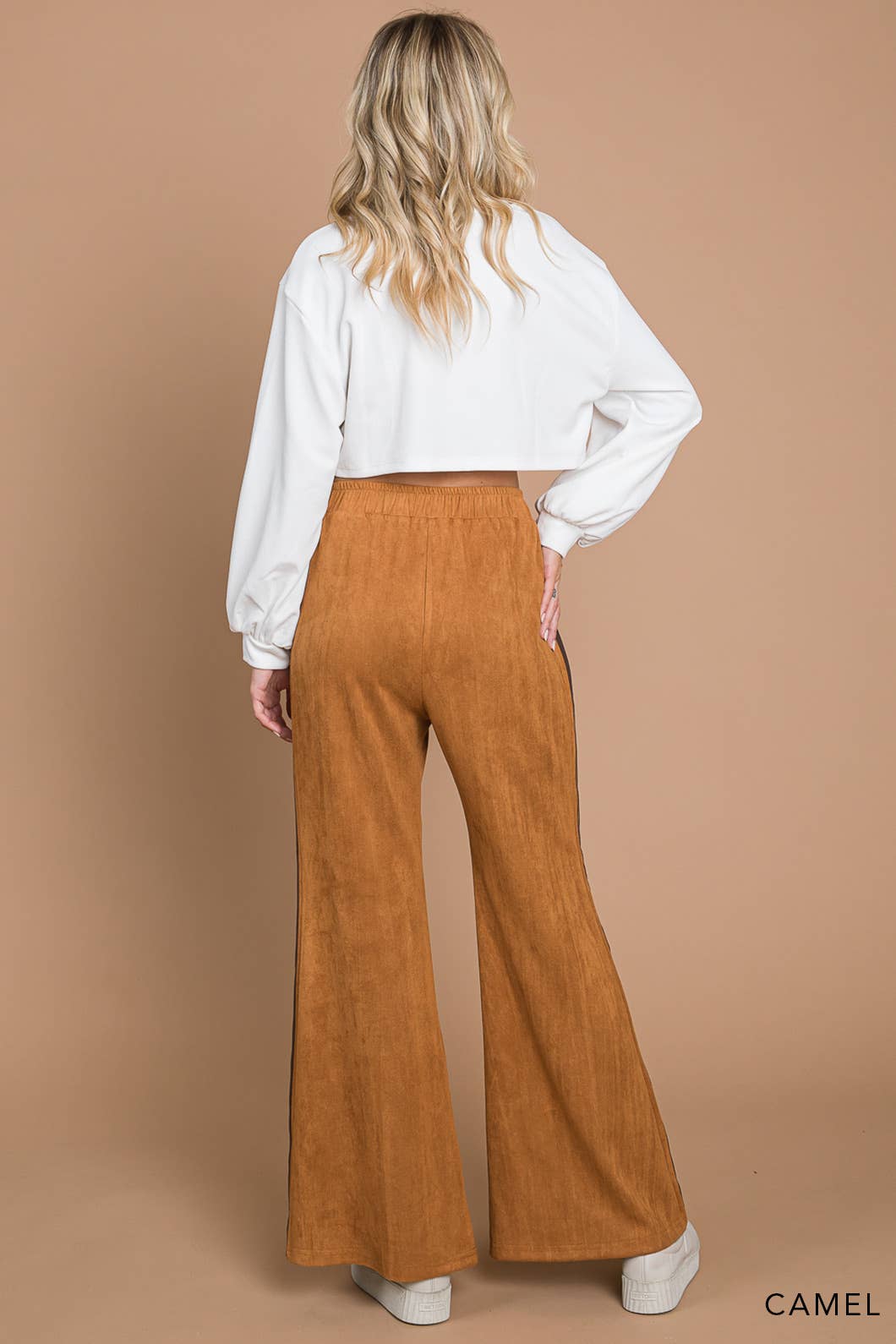 Faux Suede Flare Pants With Stripe Detail