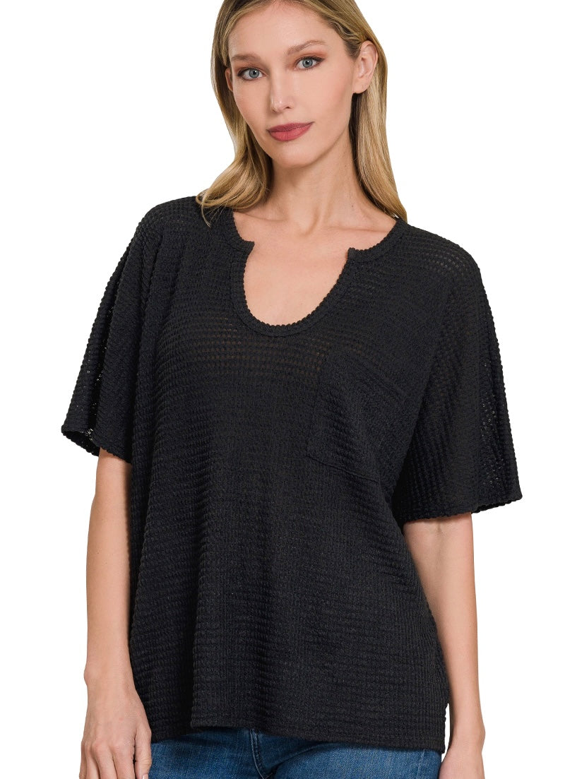 Zenana Key Hole Neckline Jacquard Sweater