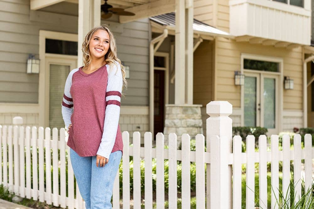 Long Sleeve Tee with Gray Sleeves & Varsity Stripe