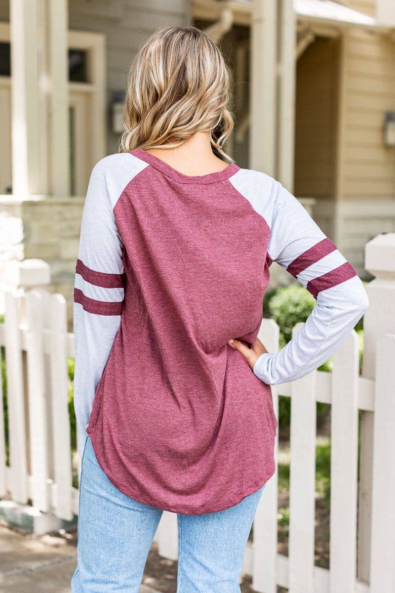 Long Sleeve Tee with Gray Sleeves & Varsity Stripe