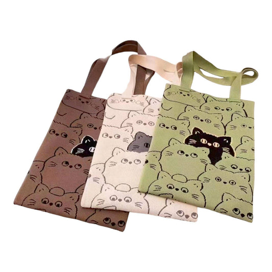 Cute Cat Pattern Knitted Tote Bag (3 Colors)