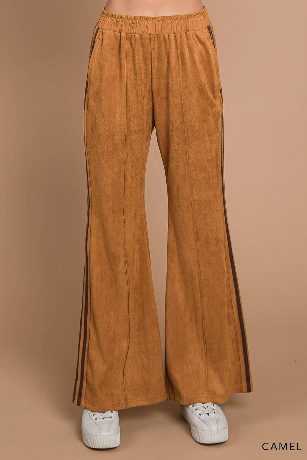 Faux Suede Flare Pants With Stripe Detail