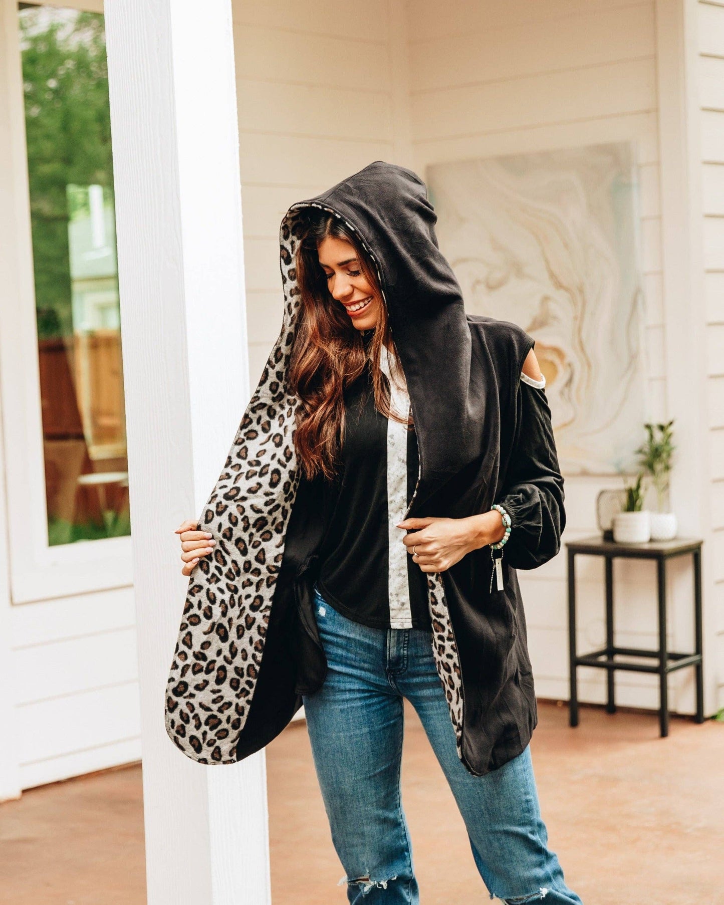 Black Hooded Vest with Leopard Accent