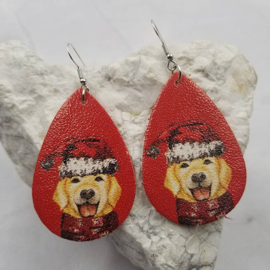 Red Leather Christmas Dog Earrings