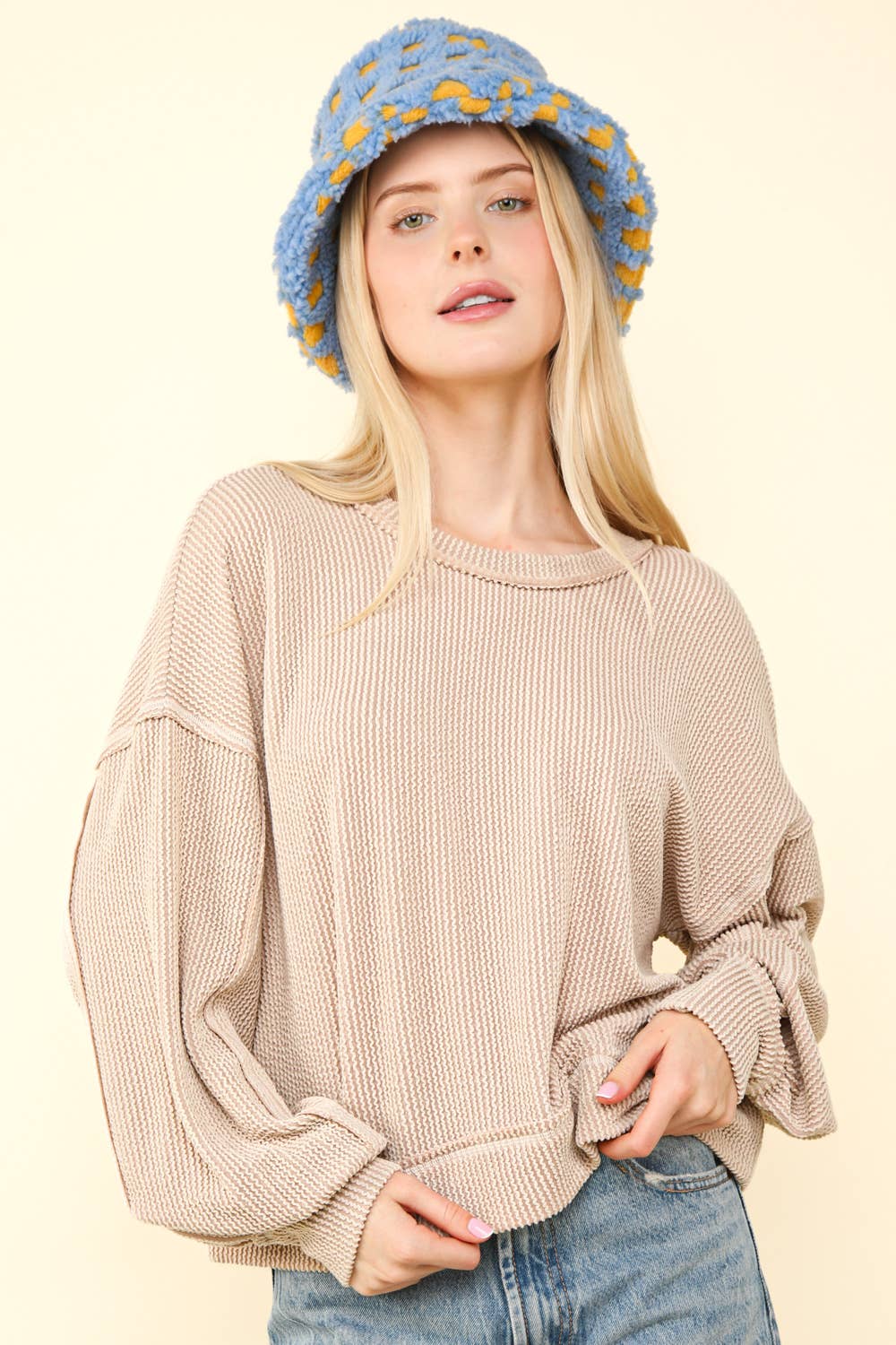 Two Tone Ribbed Oversized Soft Comfy Knit Top