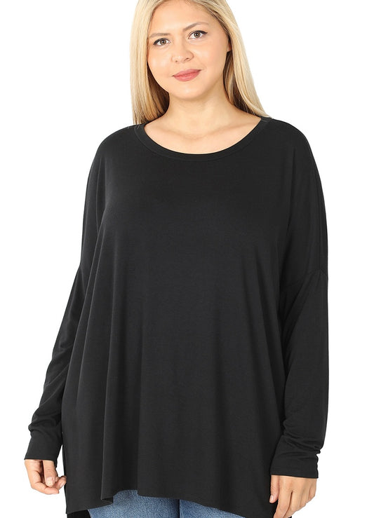 Zenana Dolman Sleeve Round Neck Hi-Low Hem Tunic - Curvy Size