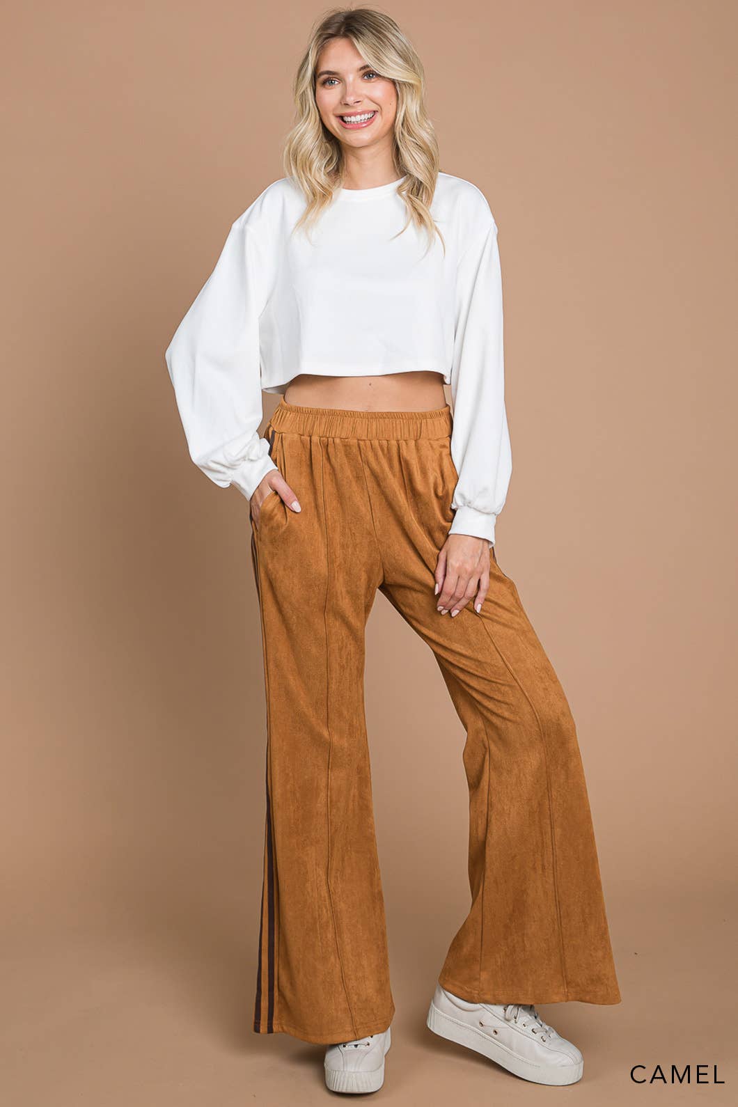 Faux Suede Flare Pants With Stripe Detail