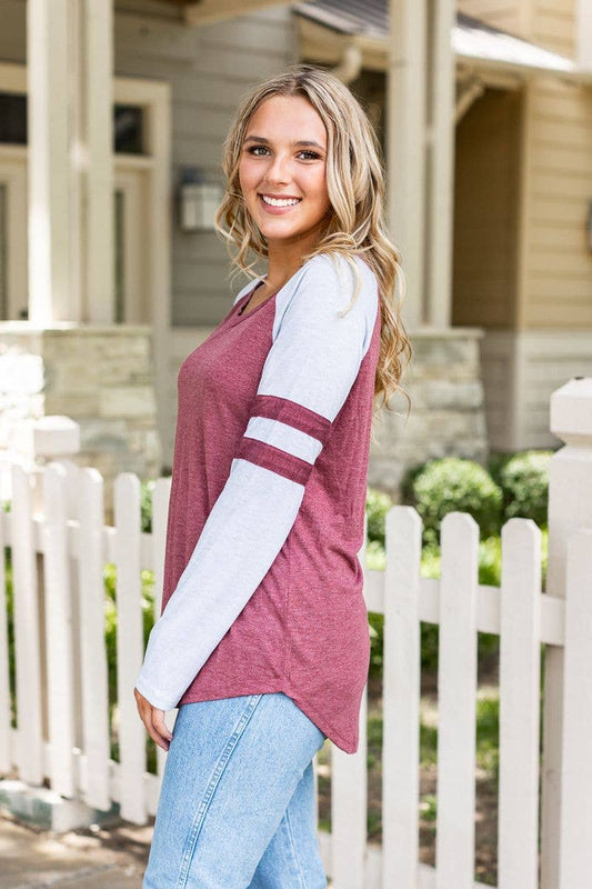 Long Sleeve Tee with Gray Sleeves & Varsity Stripe