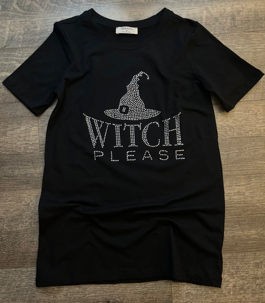 Witch Please Rhinestone Fitted Short Sleeve Tee