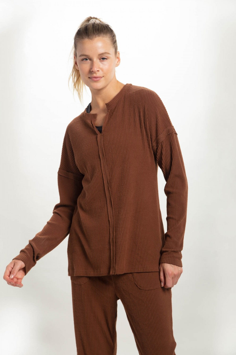 Mono B Ribbed Pullover with Notched Neckline, Chill Lounge Pants, or Chill Lounge Shorts Separates