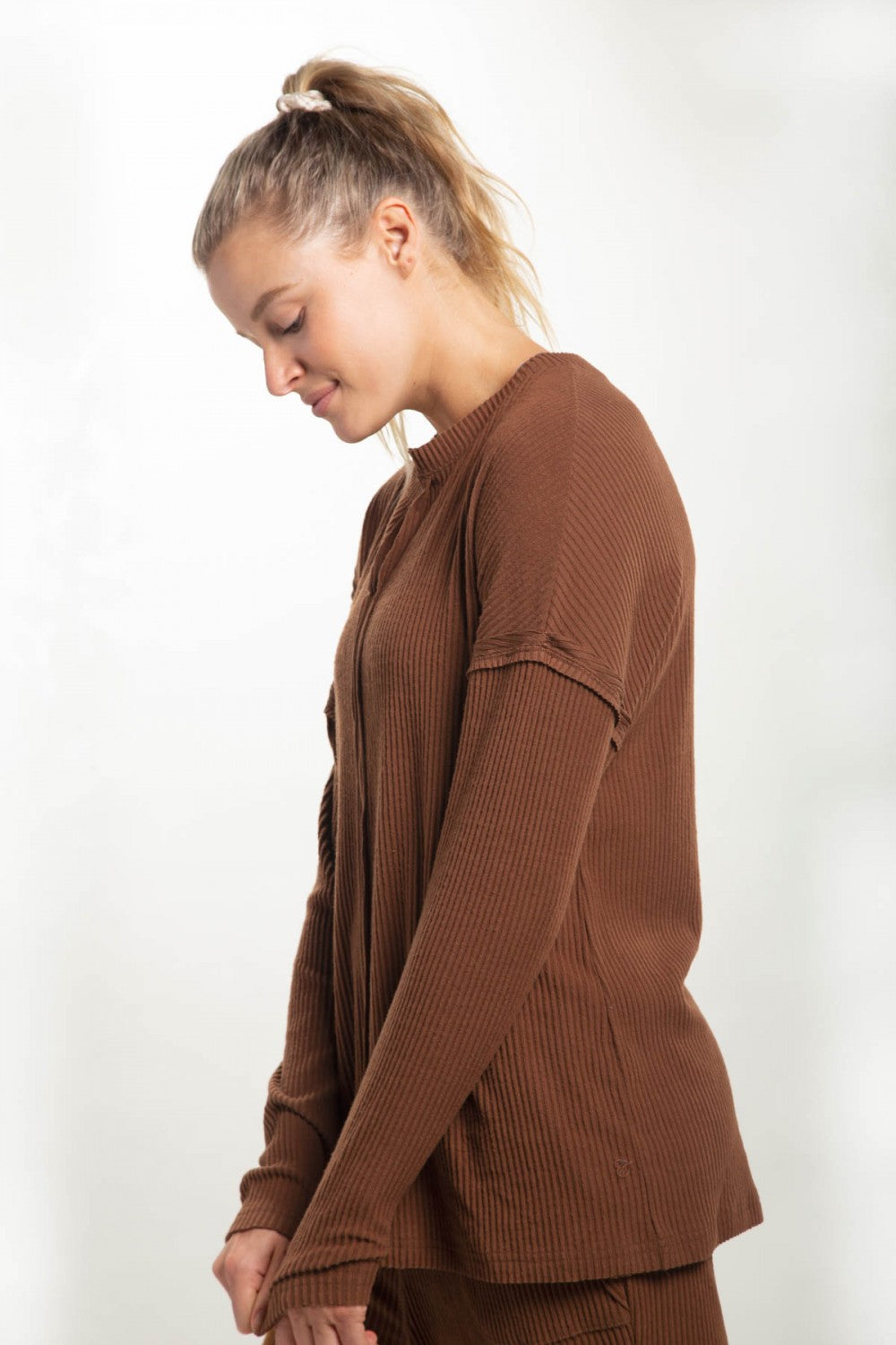 Mono B Ribbed Pullover with Notched Neckline, Chill Lounge Pants, or Chill Lounge Shorts Separates