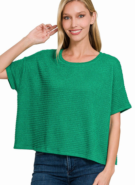 Zenana Drop Shoulder Short Sleeve Jacquard Sweater (2 Colors)