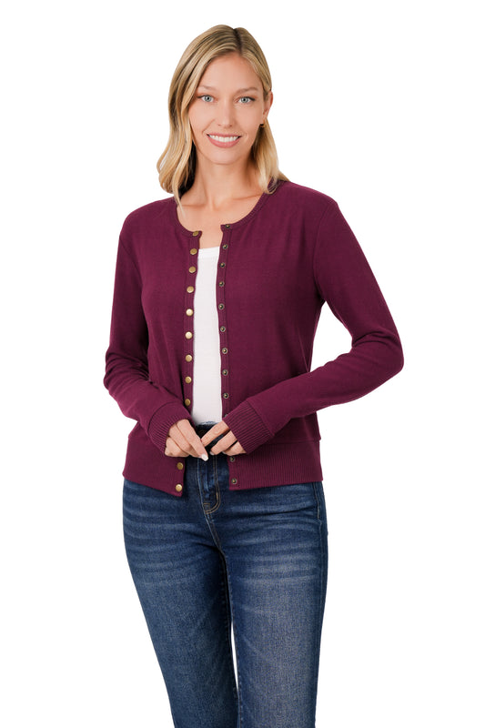 Zenana Crew Neck Snap Button Cardigan