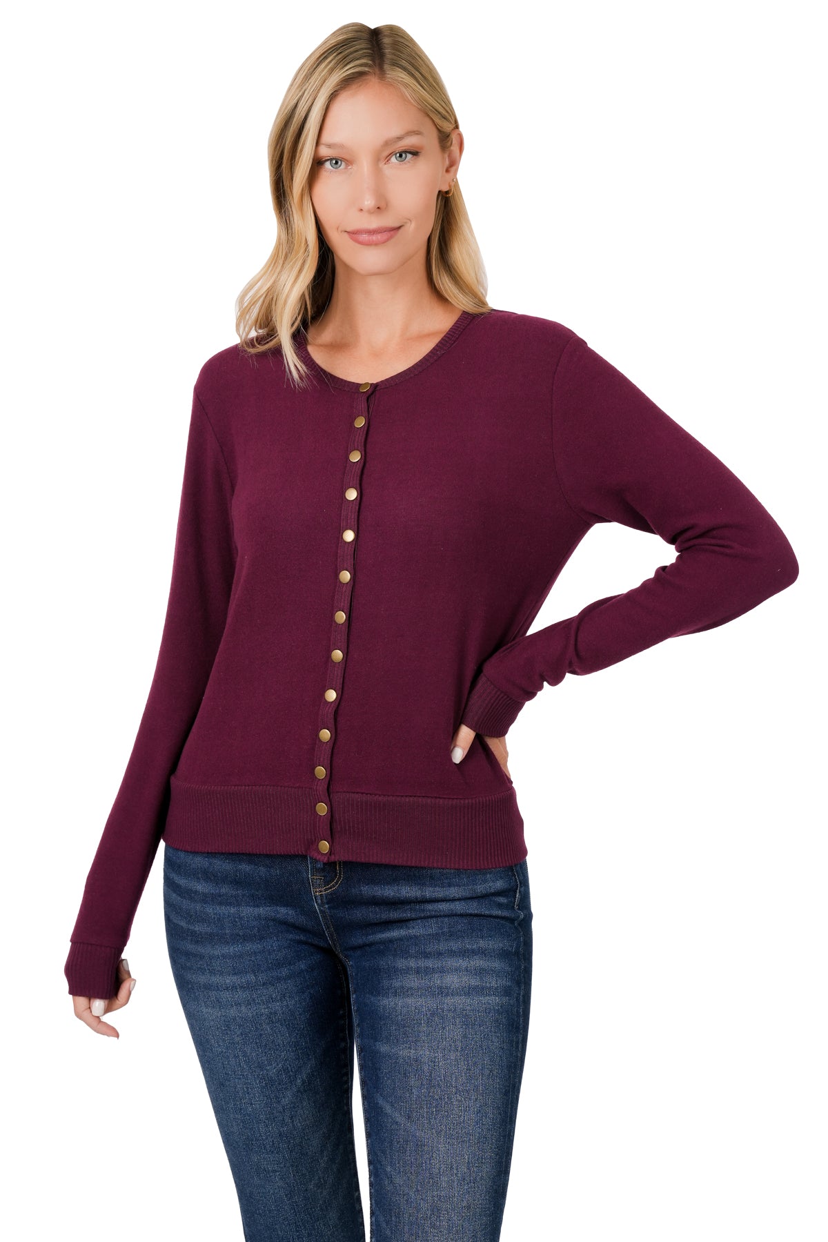 Zenana Crew Neck Snap Button Cardigan