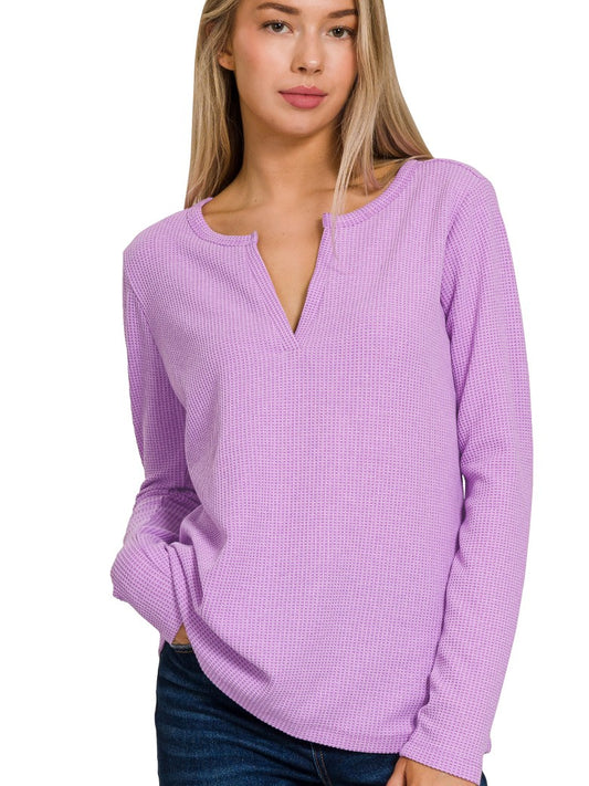 Zenana Melange Baby Waffle V-Neck Long Sleeve Top