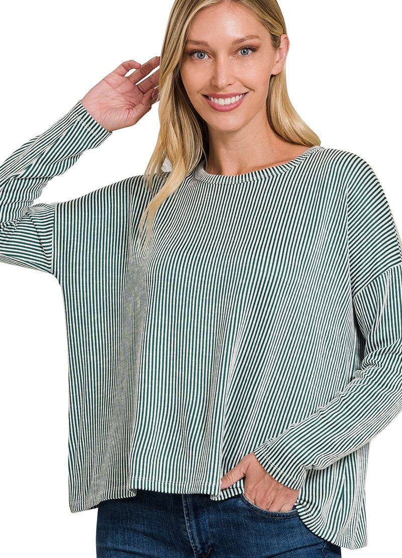 Zenana Ribbed Boat Neck Drop Shoulder Long Sleeve Top