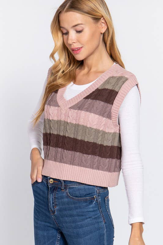 V-Neck Striped Cable Sweater Vest