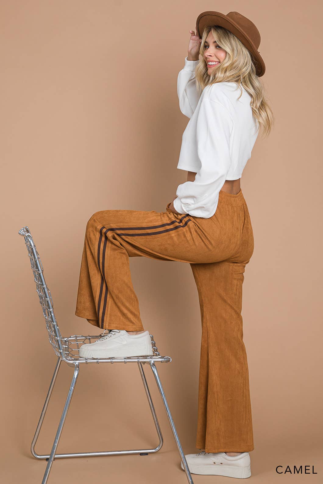 Faux Suede Flare Pants With Stripe Detail