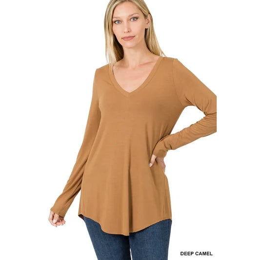 Zenana Luxe Rayon Long Sleeve V-Neck Dolphin Hem Top (S-3XL)