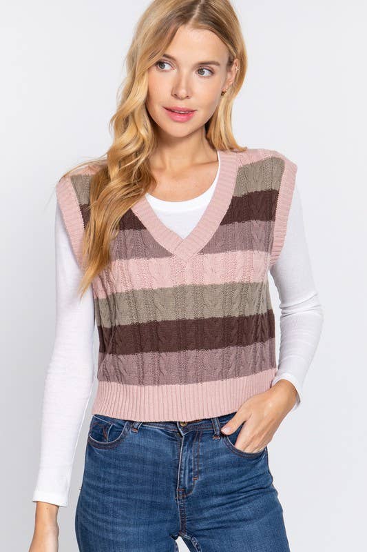 V-Neck Striped Cable Sweater Vest