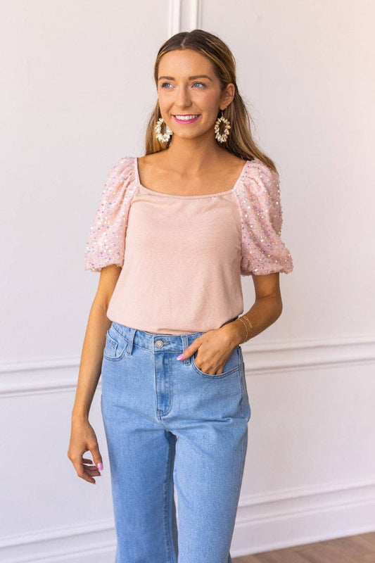 Rose Quartz Sparkle Puff Sleeve Top (Curvy Size)