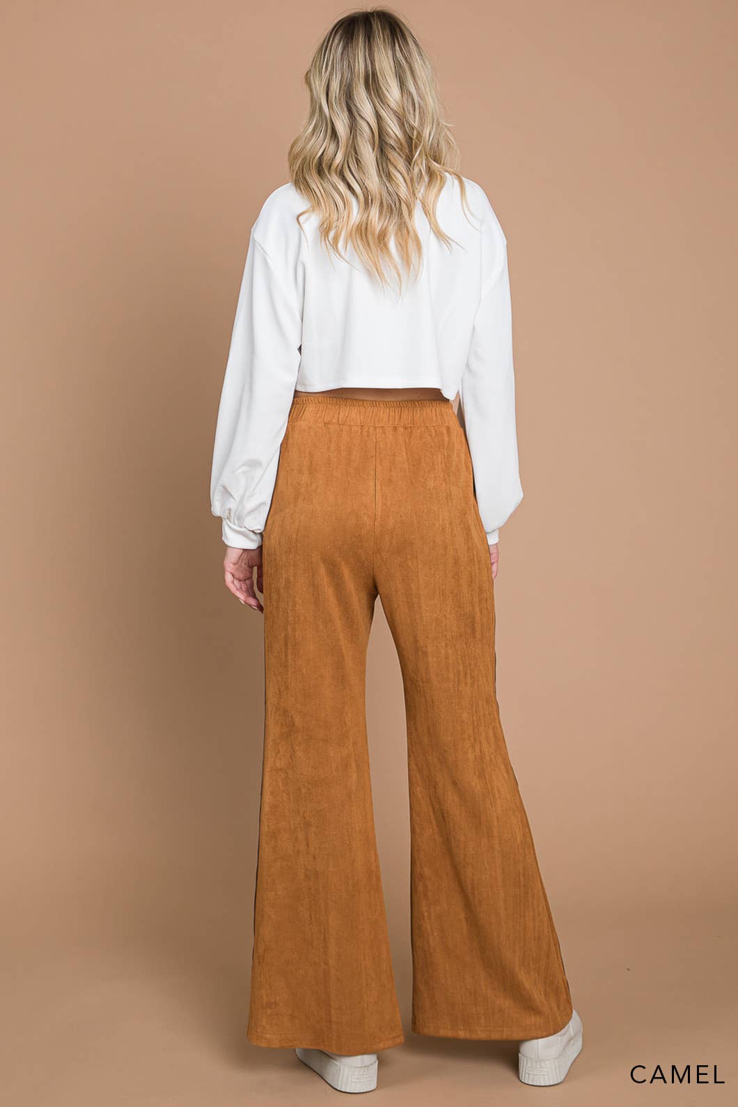 Faux Suede Flare Pants With Stripe Detail