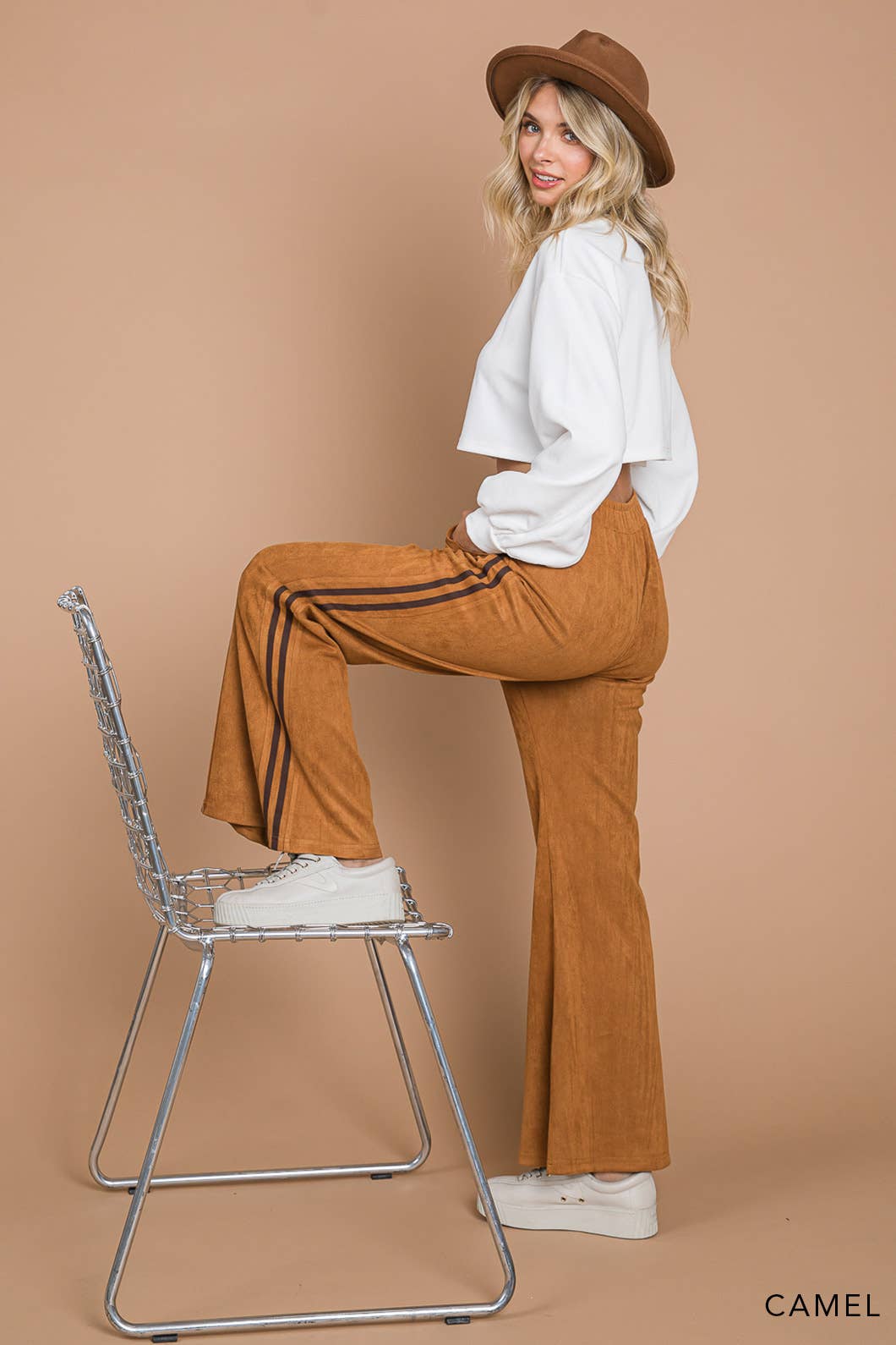 Faux Suede Flare Pants With Stripe Detail