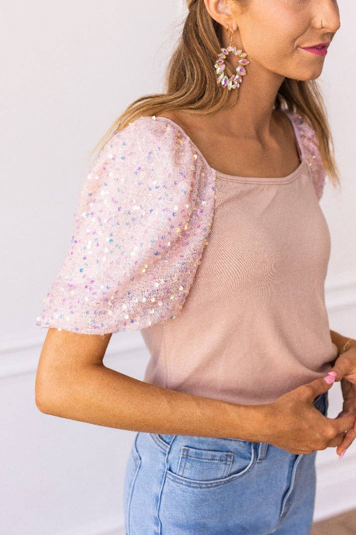 Rose Quartz Sparkle Puff Sleeve Top (Curvy Size)