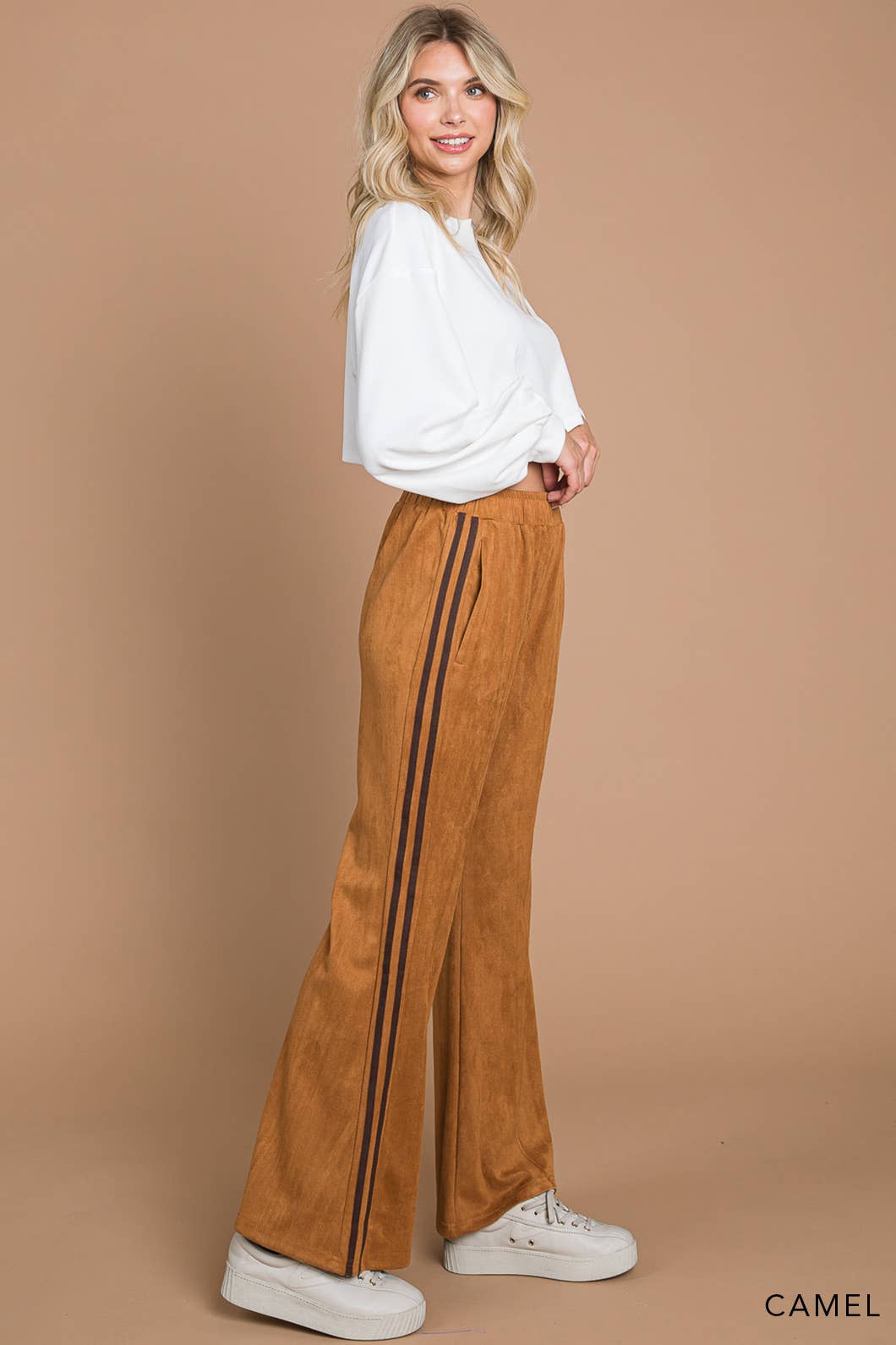 Faux Suede Flare Pants With Stripe Detail