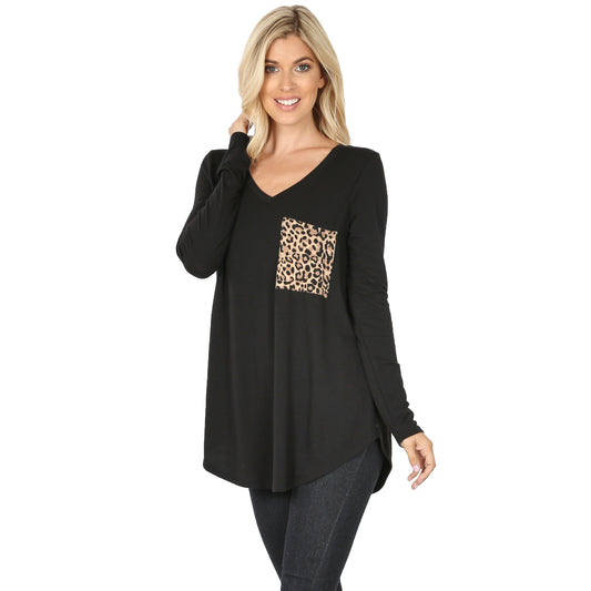 Zenana Long Sleeve V-Neck Leopard Print Pocket Top (2 Colors)